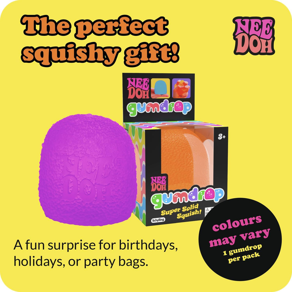 Schylling NeeDoh Gumdrop – Textured Sensory Toy with Super Solid Squish – 2.5 Tall – Colors May Vary (Pack of 1)